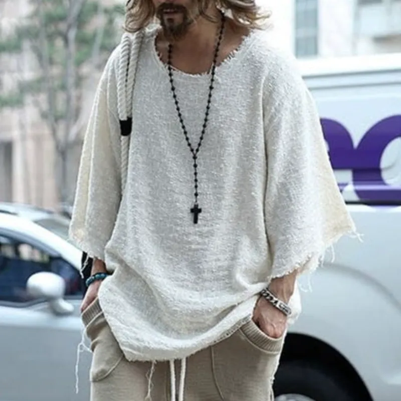 Men's Casual Round Neck Loose Mid-length Sleeve Raw Edge T-shirt 54938741M