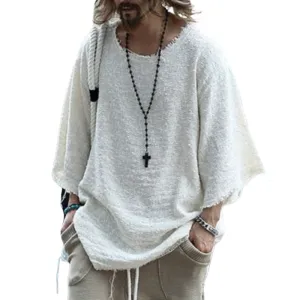 Men's Casual Round Neck Loose Mid-length Sleeve Raw Edge T-shirt 54938741M