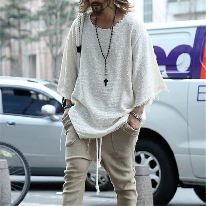 Men's Casual Round Neck Loose Mid-length Sleeve Raw Edge T-shirt 54938741M