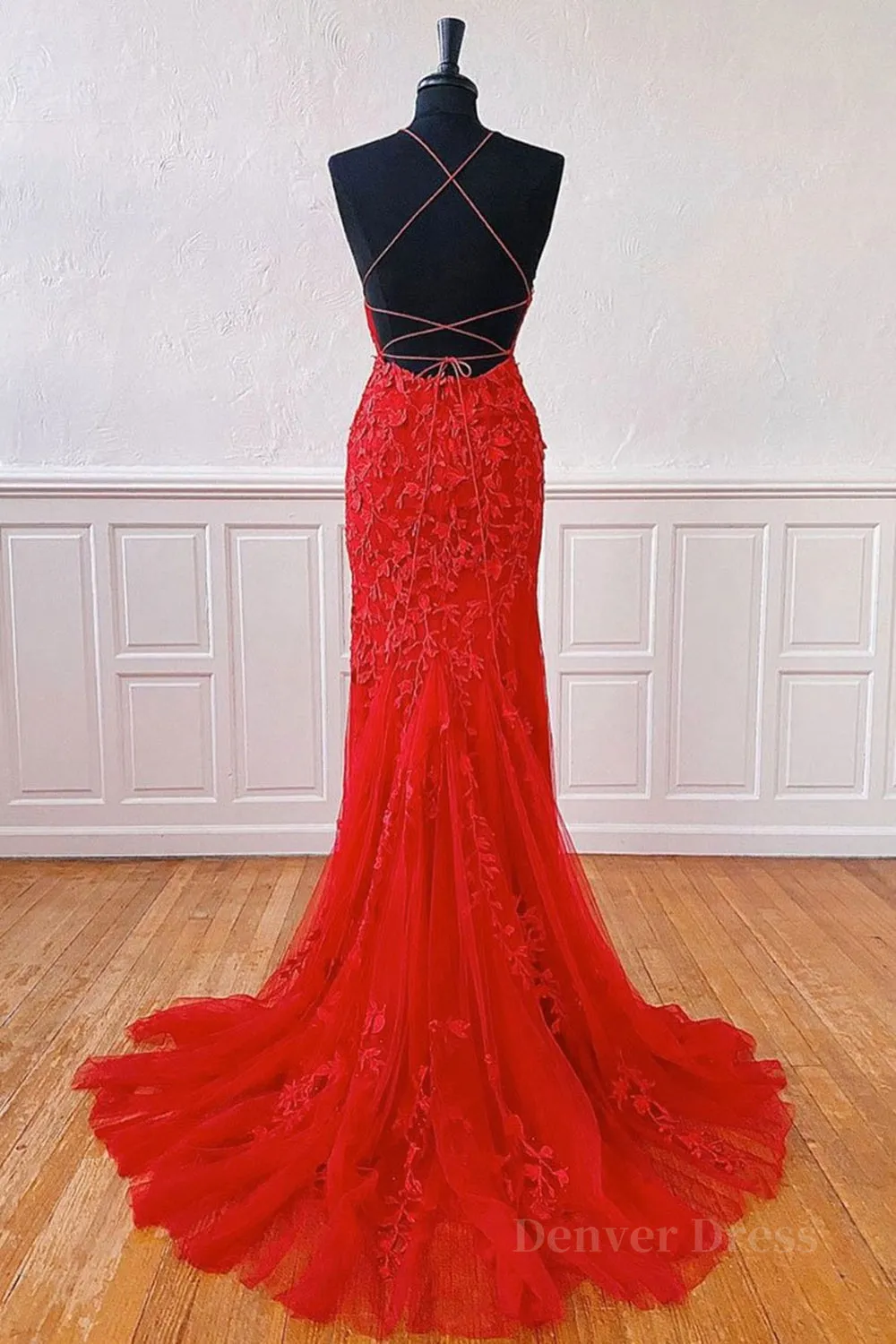 Mermaid Backless Red Lace Long Prom Dresses Mermaid Red Formal Dresses Red Lace Evening Dresses