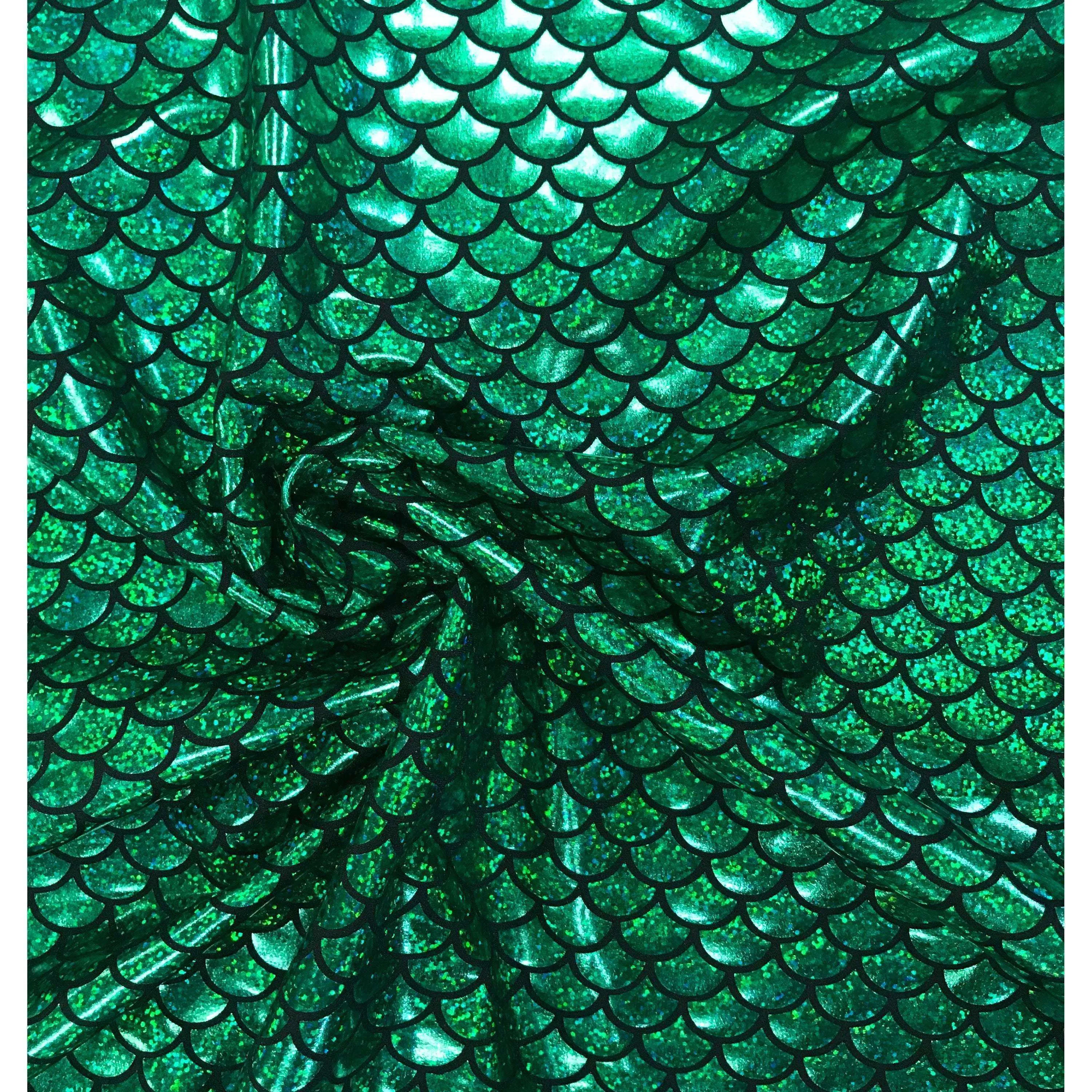 Mermaid Holographic Green Scales Poly Spandex Stretch Fabric by-the-yard