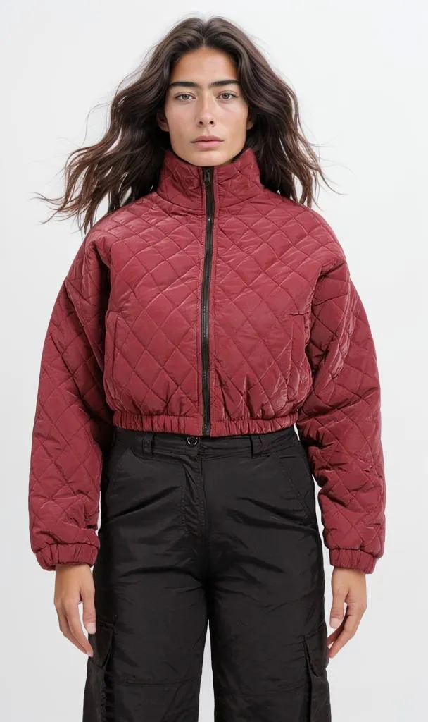 o198987-QUILTED CROPPED JACKET - BURGUNDY