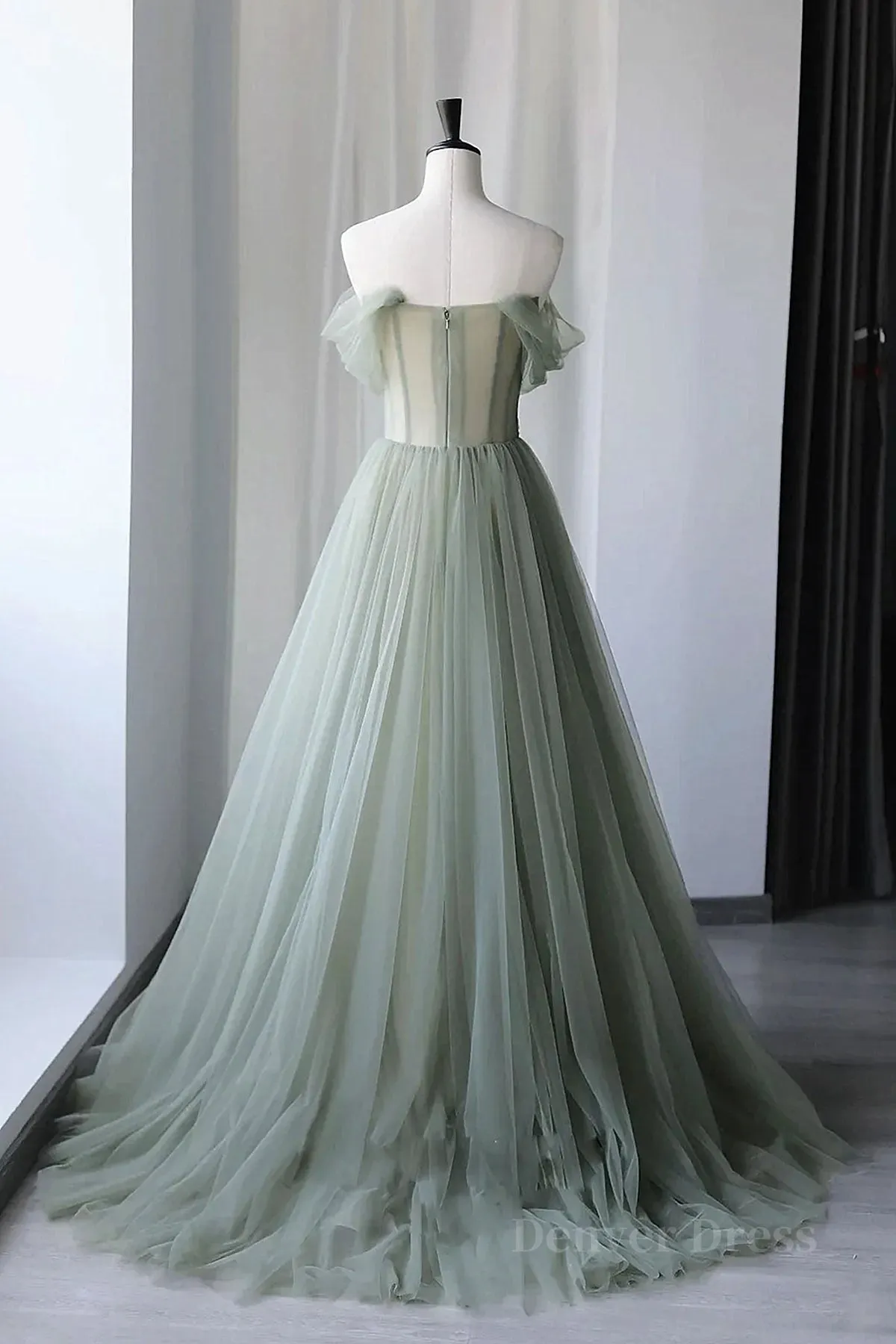 Off the Shoulder Green Tulle Long Prom Dresses Green Tulle Off Shoulder Formal Evening Dresses