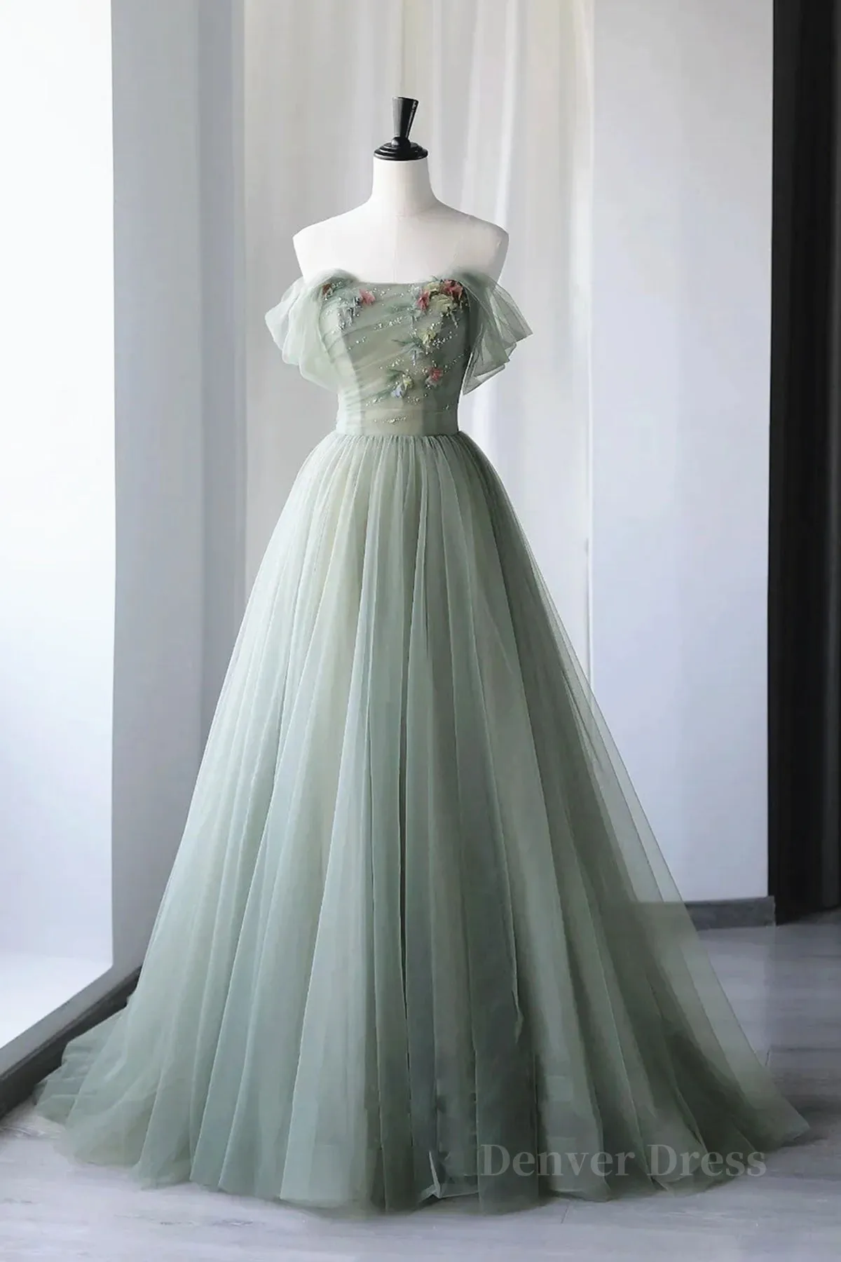 Off the Shoulder Green Tulle Long Prom Dresses Green Tulle Off Shoulder Formal Evening Dresses