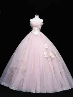 Pink Tulle Lace Applique Long Prom Dresses, Pink Sweet 16 Dresses