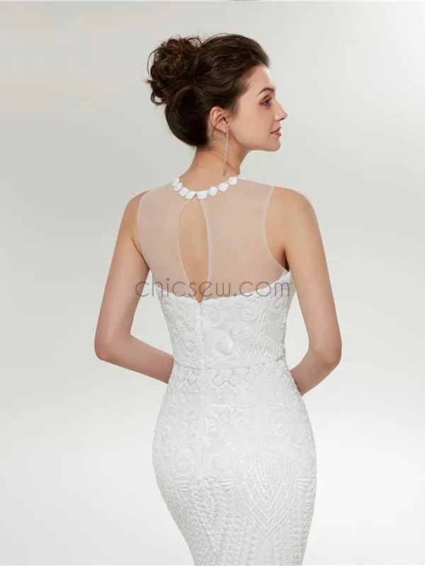 Pretty Round Neck White Lace Open Back Mermaid Long Prom Dresses, XDM1137