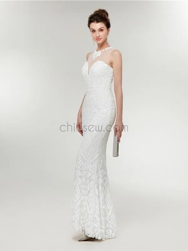 Pretty Round Neck White Lace Open Back Mermaid Long Prom Dresses, XDM1137