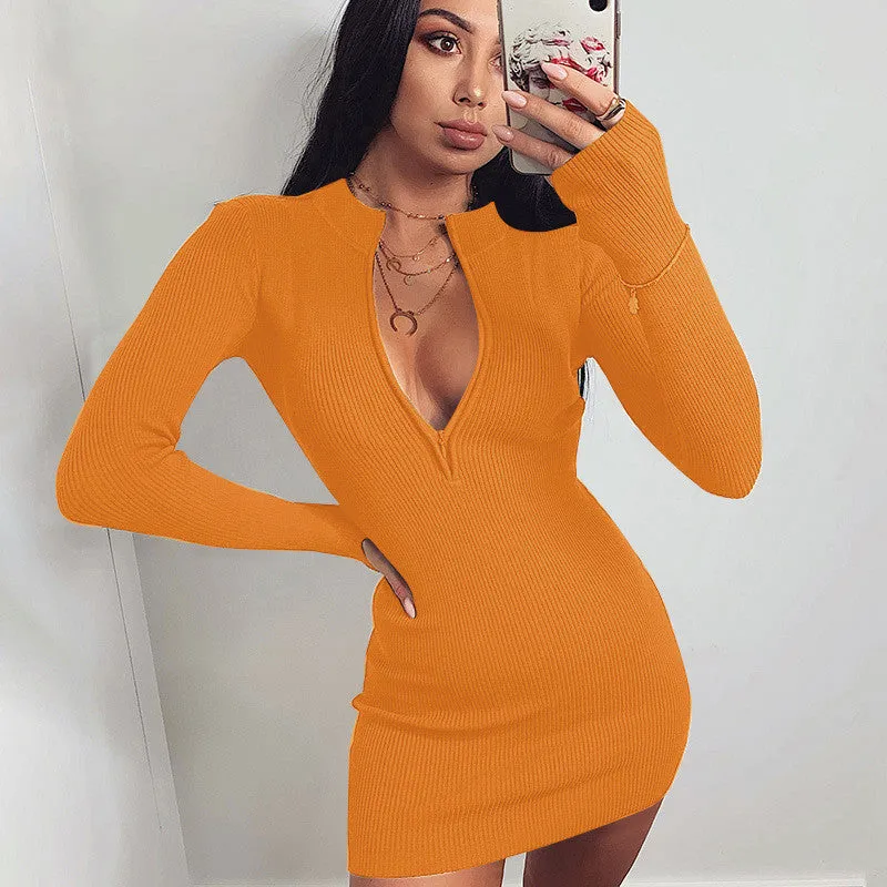 Ribbed Stand Collar Zipper Deep V-neck Stretch Bodycon Pencil Dress