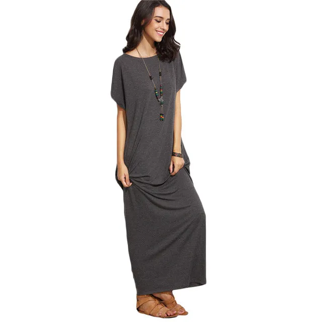 ROMWE Grey Short Batwing Sleeve Basic Maxi Dress,Women Long Casual T-Shirt dress,Comfortable for Summer Vacation, Side Pocke