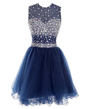 Round Neck Short Dark Blue Prom Dresses Short Dark Blue Homecoming Dresses