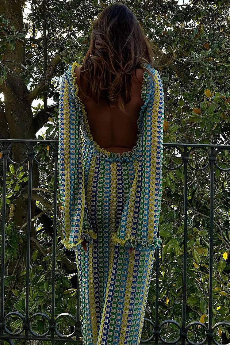 Ruffle Backless Long Sleeve Wavy Striped Crochet Beach Vacation Maxi Dress - Yellow