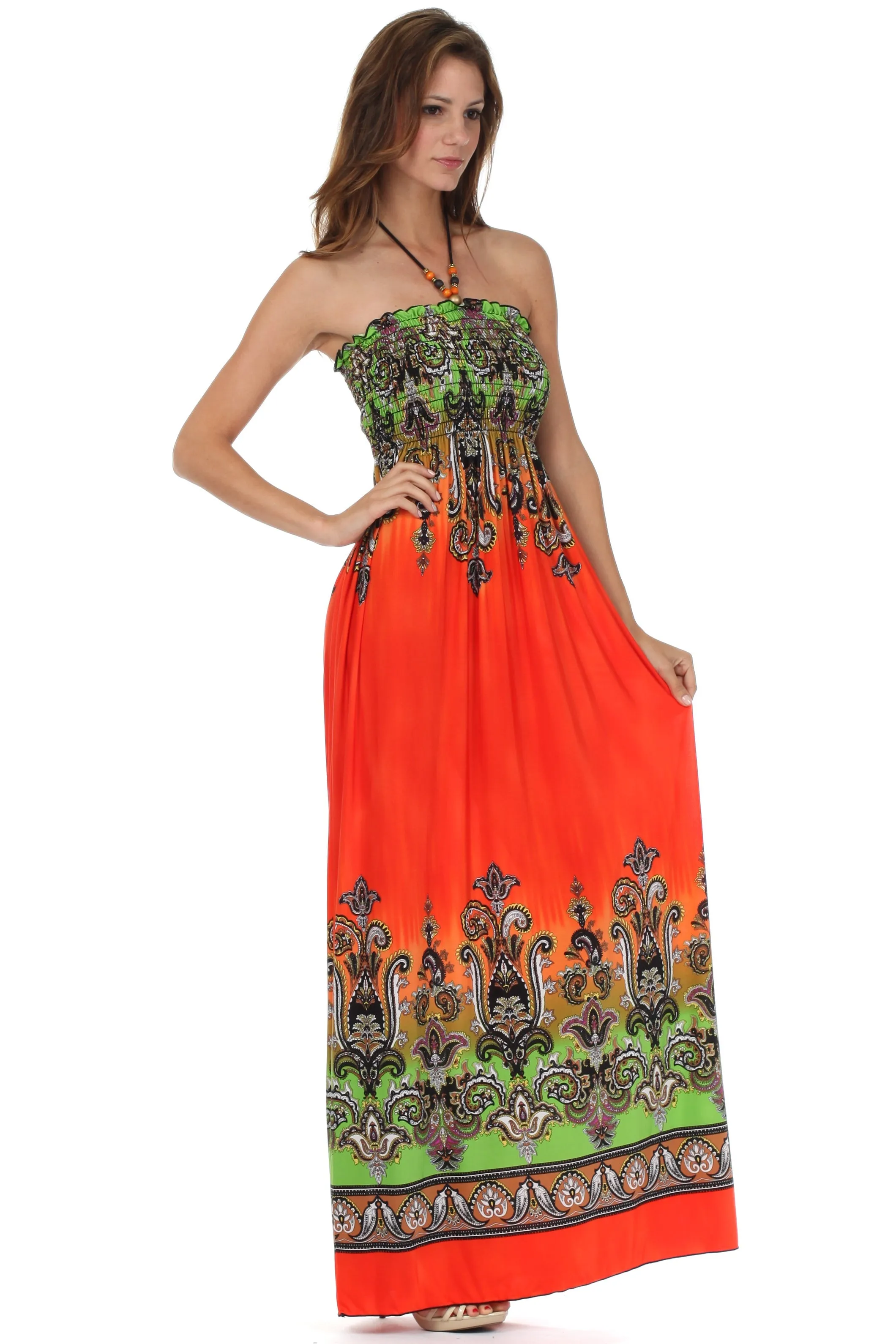 Sakkas Paisley Graphic Print Beaded Halter Smocked Bodice Maxi Dress