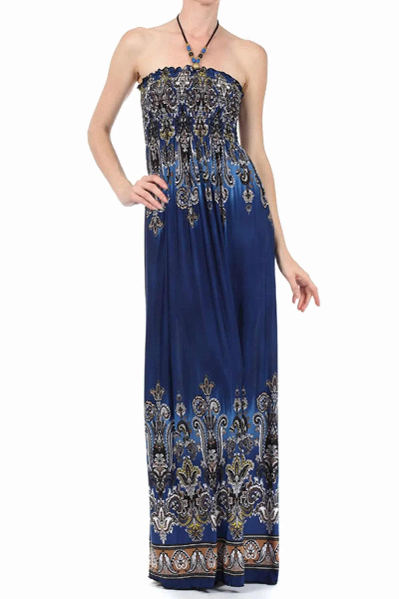 Sakkas Paisley Graphic Print Beaded Halter Smocked Bodice Maxi Dress