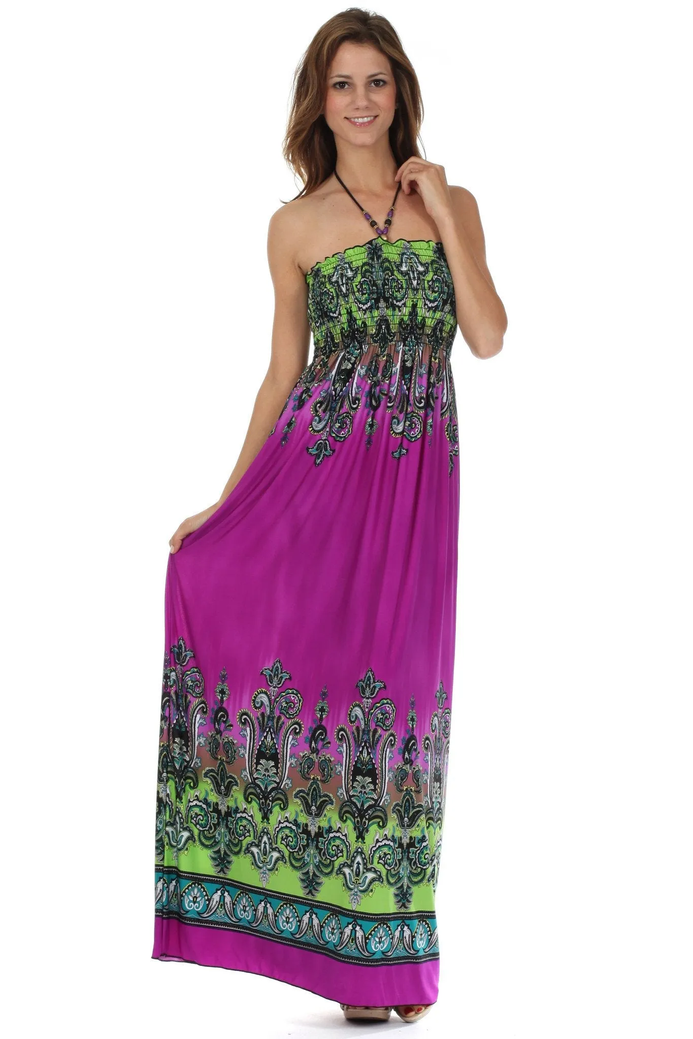 Sakkas Paisley Graphic Print Beaded Halter Smocked Bodice Maxi Dress