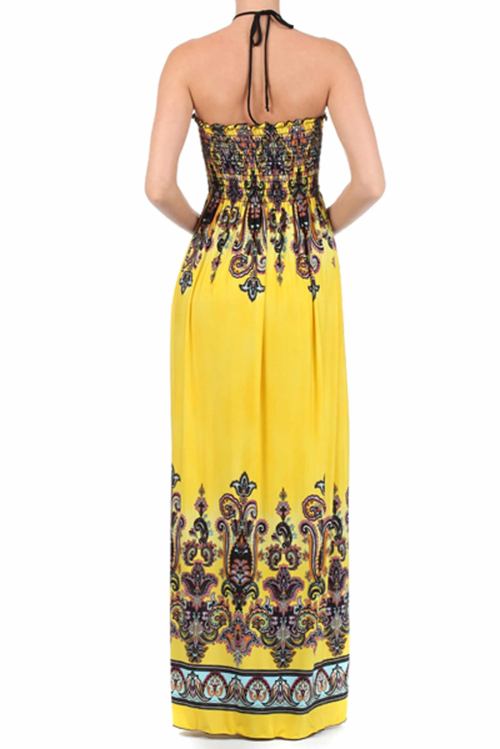 Sakkas Paisley Graphic Print Beaded Halter Smocked Bodice Maxi Dress