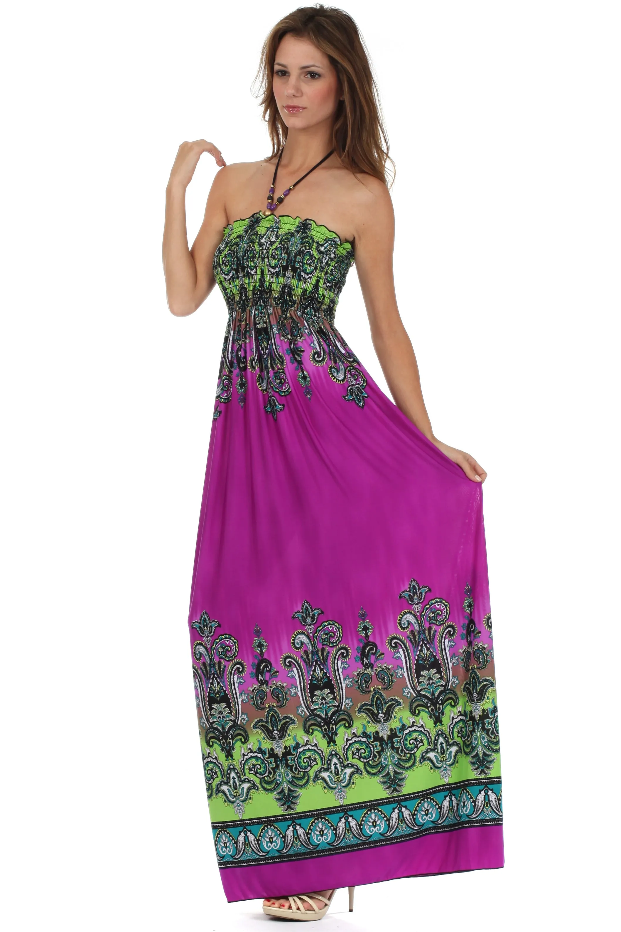 Sakkas Paisley Graphic Print Beaded Halter Smocked Bodice Maxi Dress