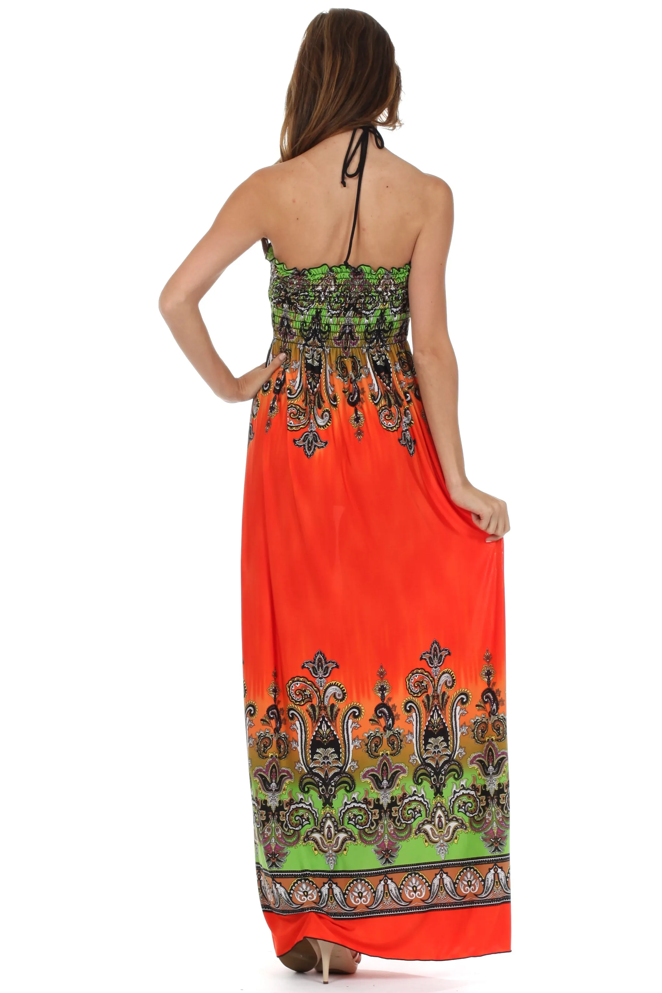 Sakkas Paisley Graphic Print Beaded Halter Smocked Bodice Maxi Dress