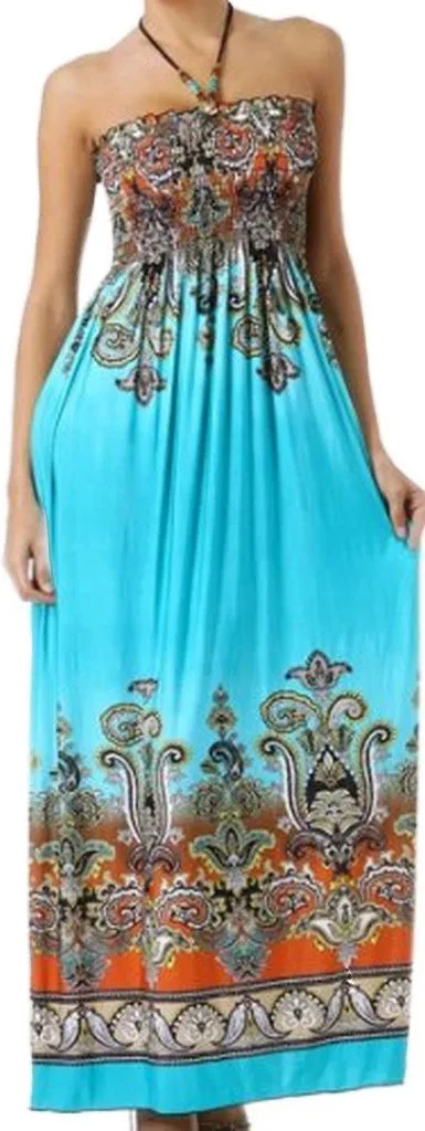 Sakkas Paisley Graphic Print Beaded Halter Smocked Bodice Maxi Dress