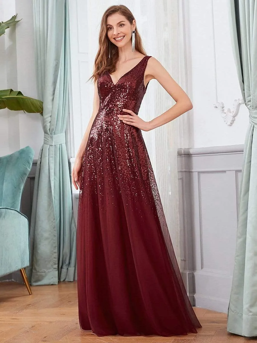 Sexy A-line Double V-neck Tulle & Sequin Evening Dresses