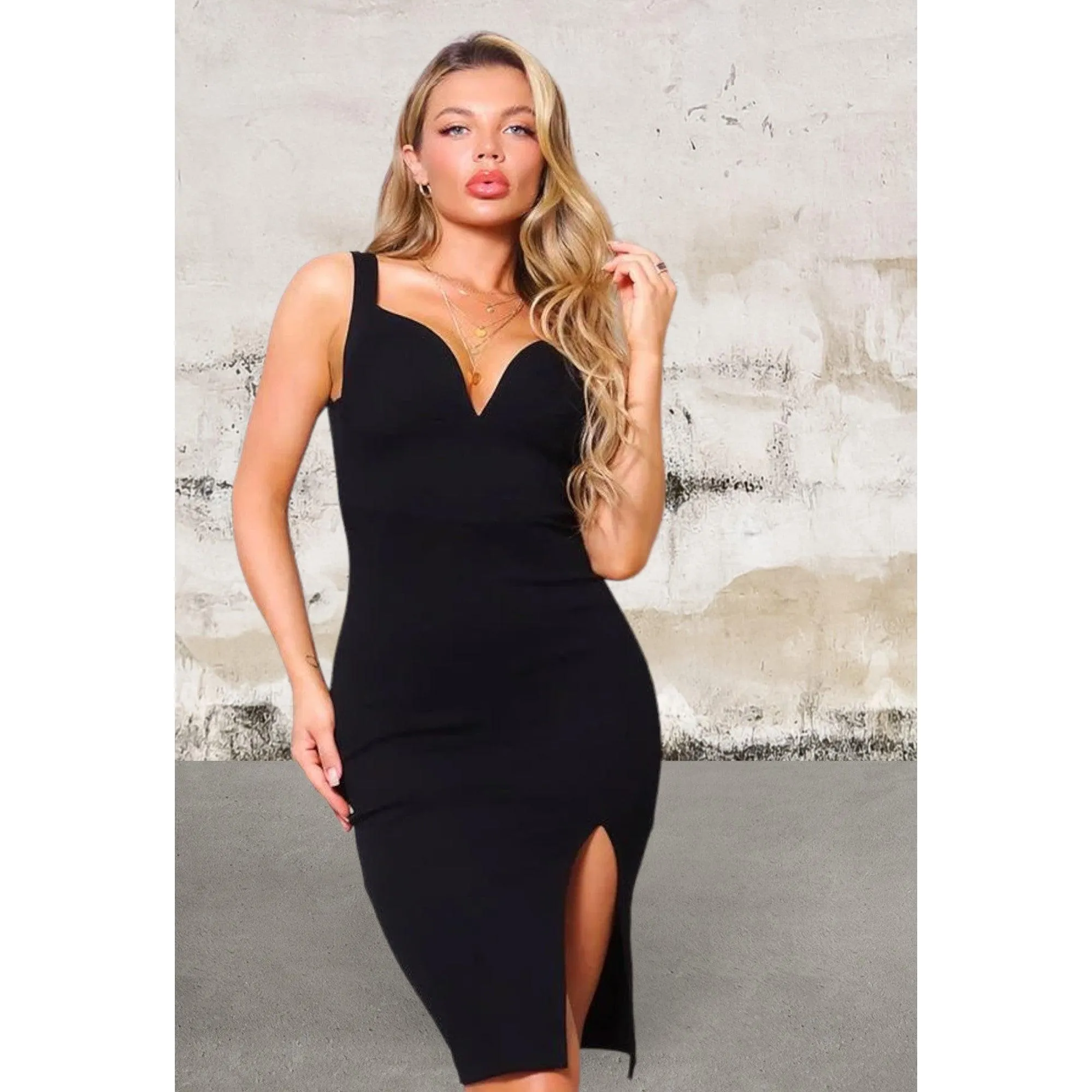 Sleeveless deep v neckline dress with front slit