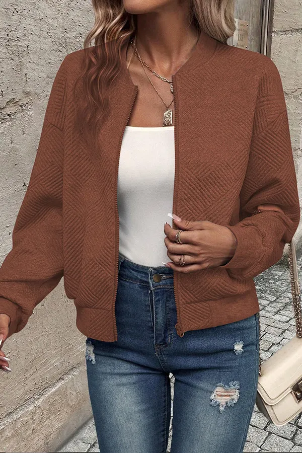 Solid Color Zippered Round Neck Long Sleeve Casual Jacket