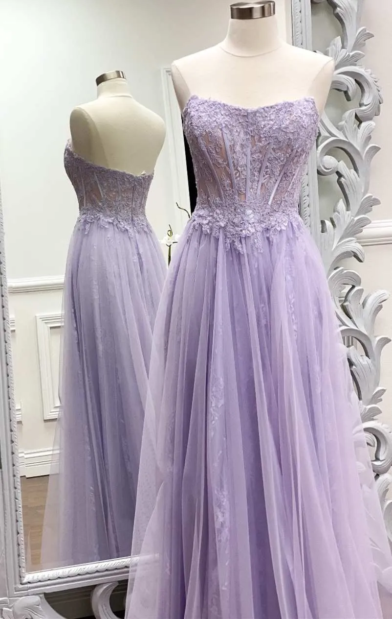 Strapless Lavender Prom Dress A-line Long Formal Dress Trendy