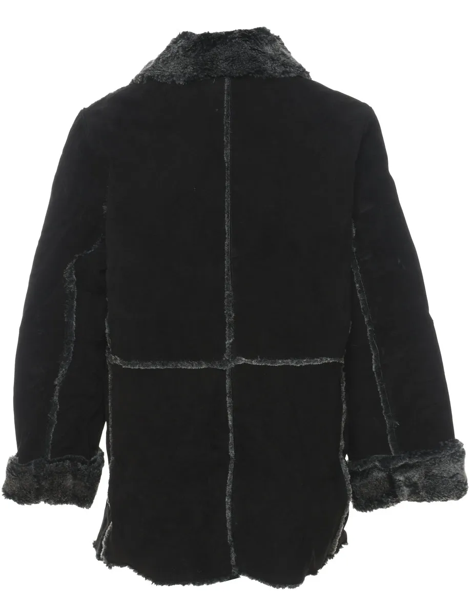 Suede Single Breasted Black Shearling Lined Coat - L