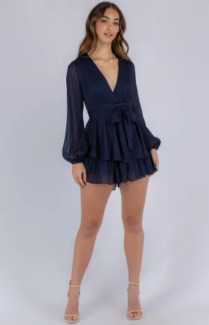 Textured V-Neckline Playsuit With Ruffle