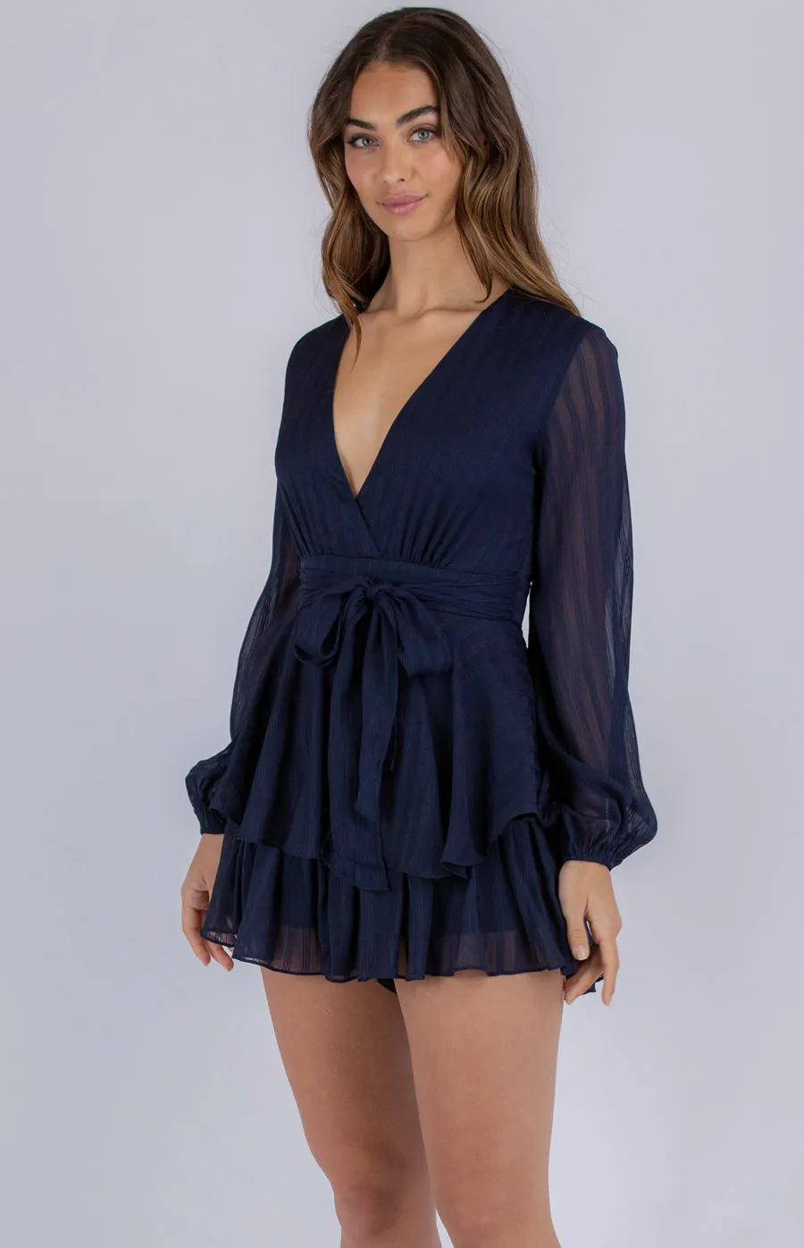 Textured V-Neckline Playsuit With Ruffle