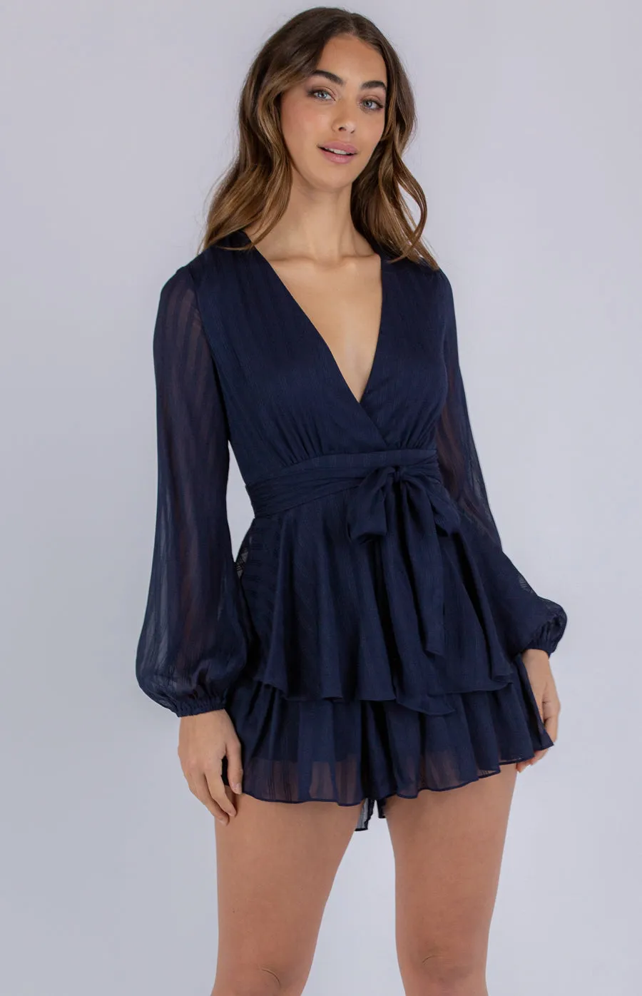 Textured V-Neckline Playsuit With Ruffle