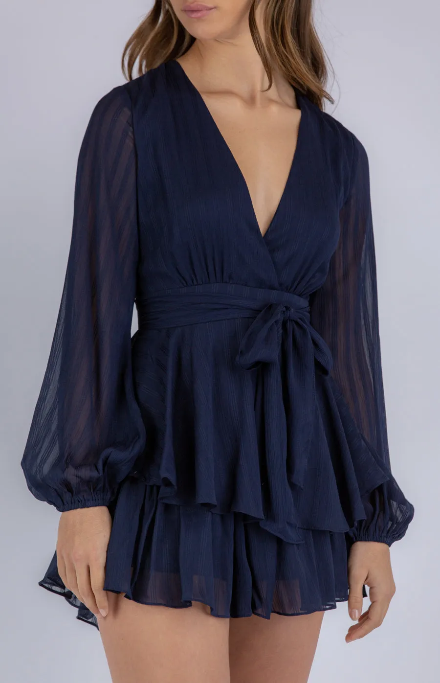 Textured V-Neckline Playsuit With Ruffle