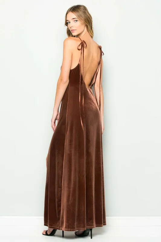 THE MYSTYLEMODE COPPER VELVET DEEP V NECK SIDE SLIT MAXI DRESS