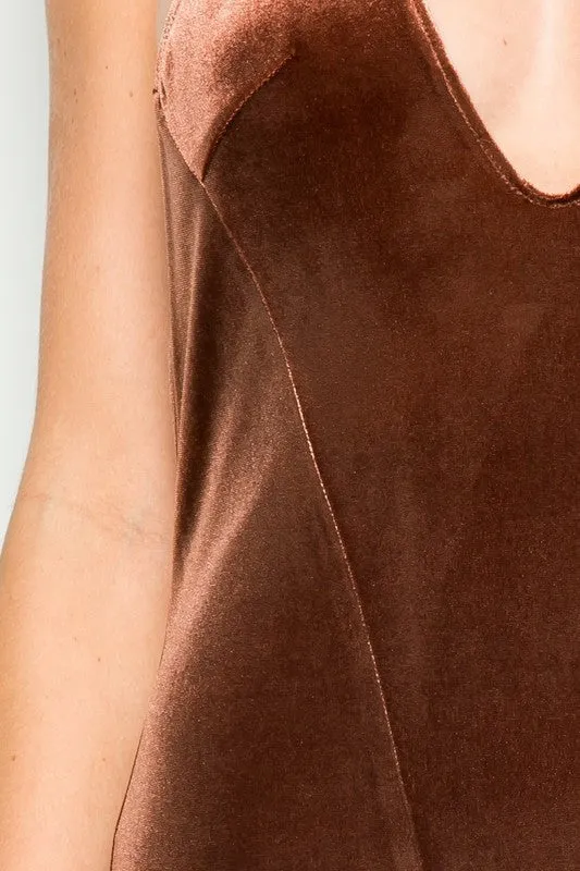 THE MYSTYLEMODE COPPER VELVET DEEP V NECK SIDE SLIT MAXI DRESS