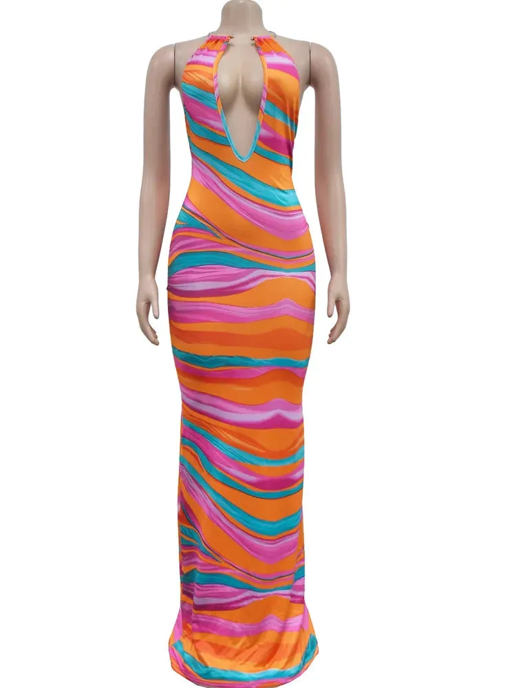 Trendy Backless Colorful Zebra Print Maxi Dress