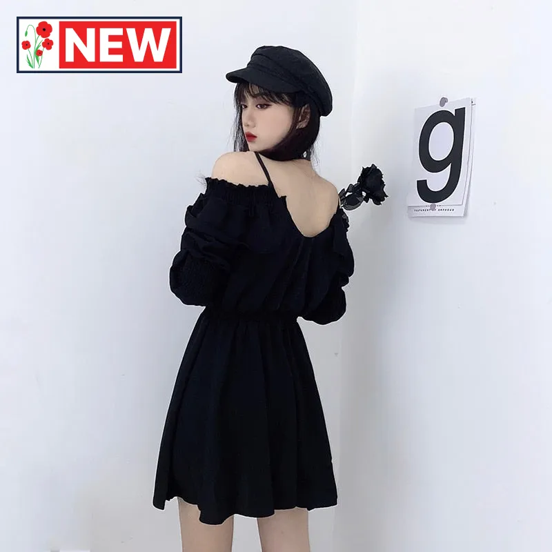 Trendy High Waist Long Sleeve Mini Black Dress