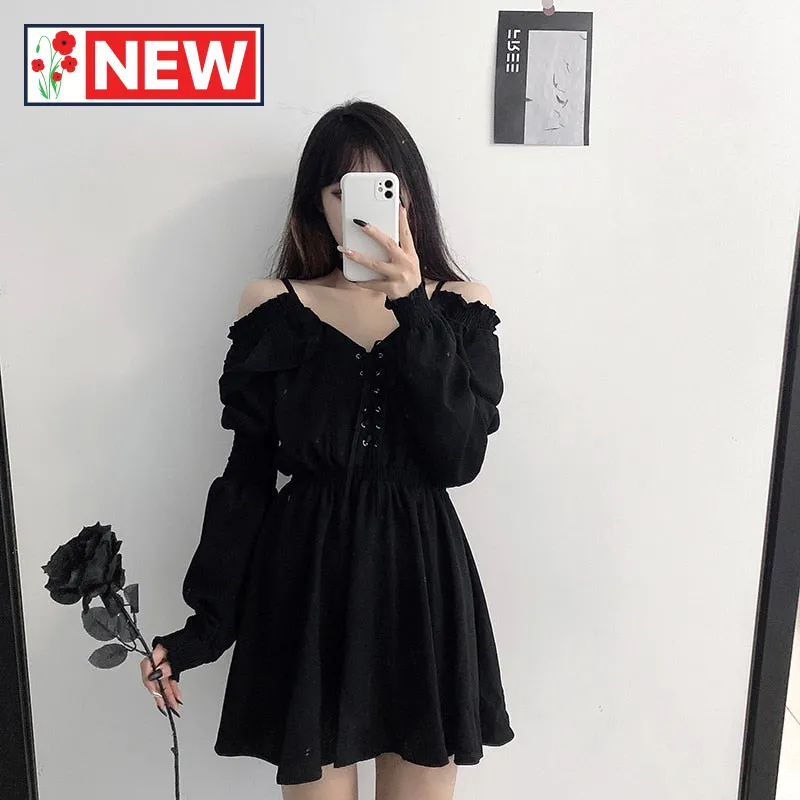 Trendy High Waist Long Sleeve Mini Black Dress