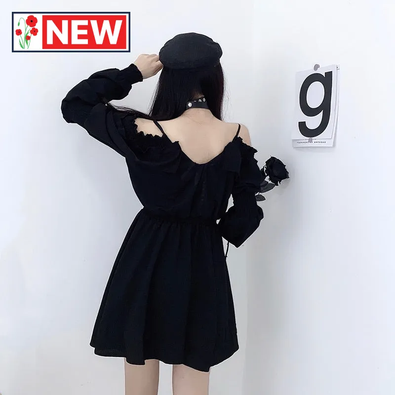 Trendy High Waist Long Sleeve Mini Black Dress