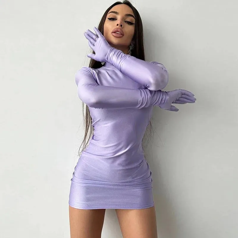 Trendy Long Sleeve With Gloves Turtleneck Mini Dress