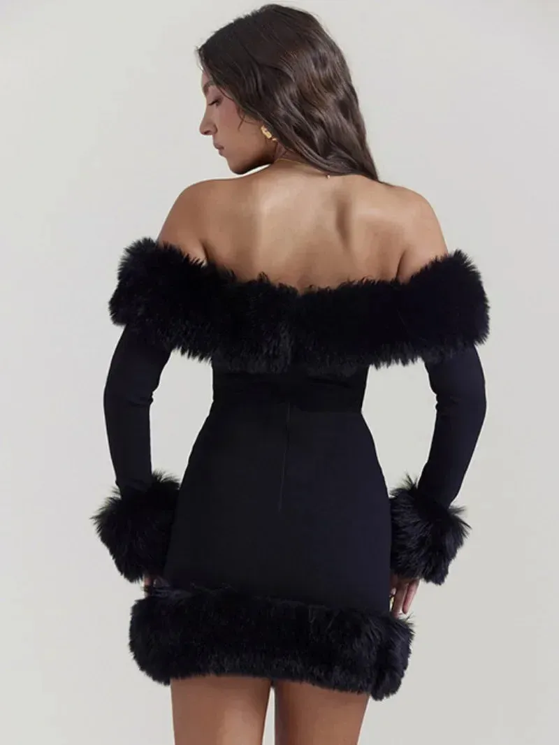 Trendy Off Shoulder Fur Long Sleeve Party Dress