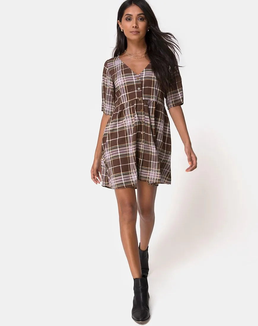 Verren Babydoll Dress in Tartan Brown