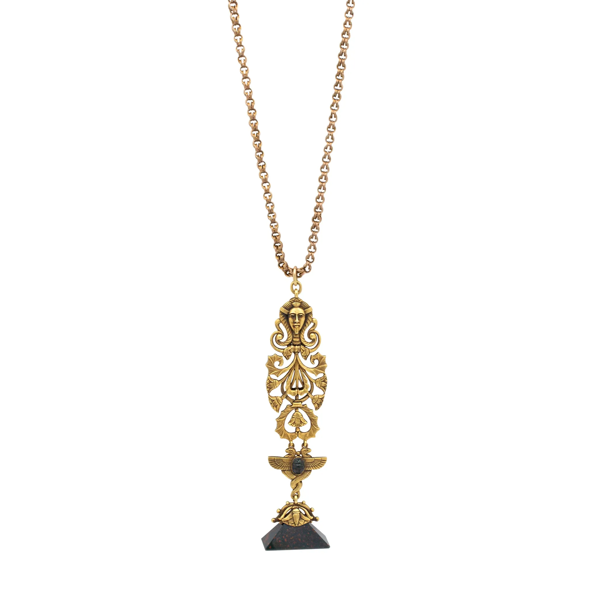 Victorian Antique 21K Yellow Gold Egyptian Style Bloodstone Pendant With Gold Filled Chain Necklace