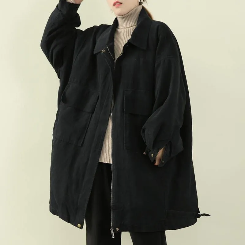 women casual warm winter coat black lapel zippered coat