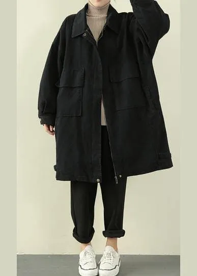 women casual warm winter coat black lapel zippered coat