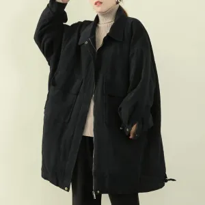 women casual warm winter coat black lapel zippered coat