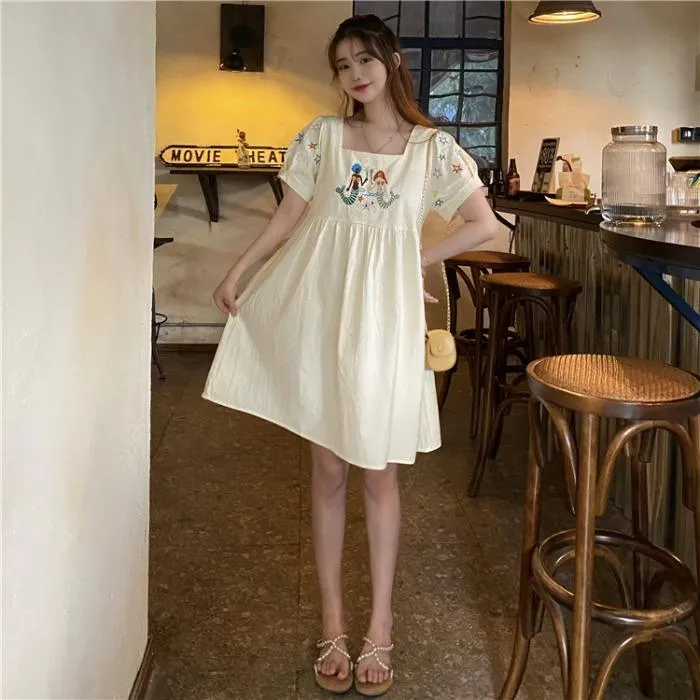 Women's Cute Little Mermaid Embroidered Square Collar Loose Dresses