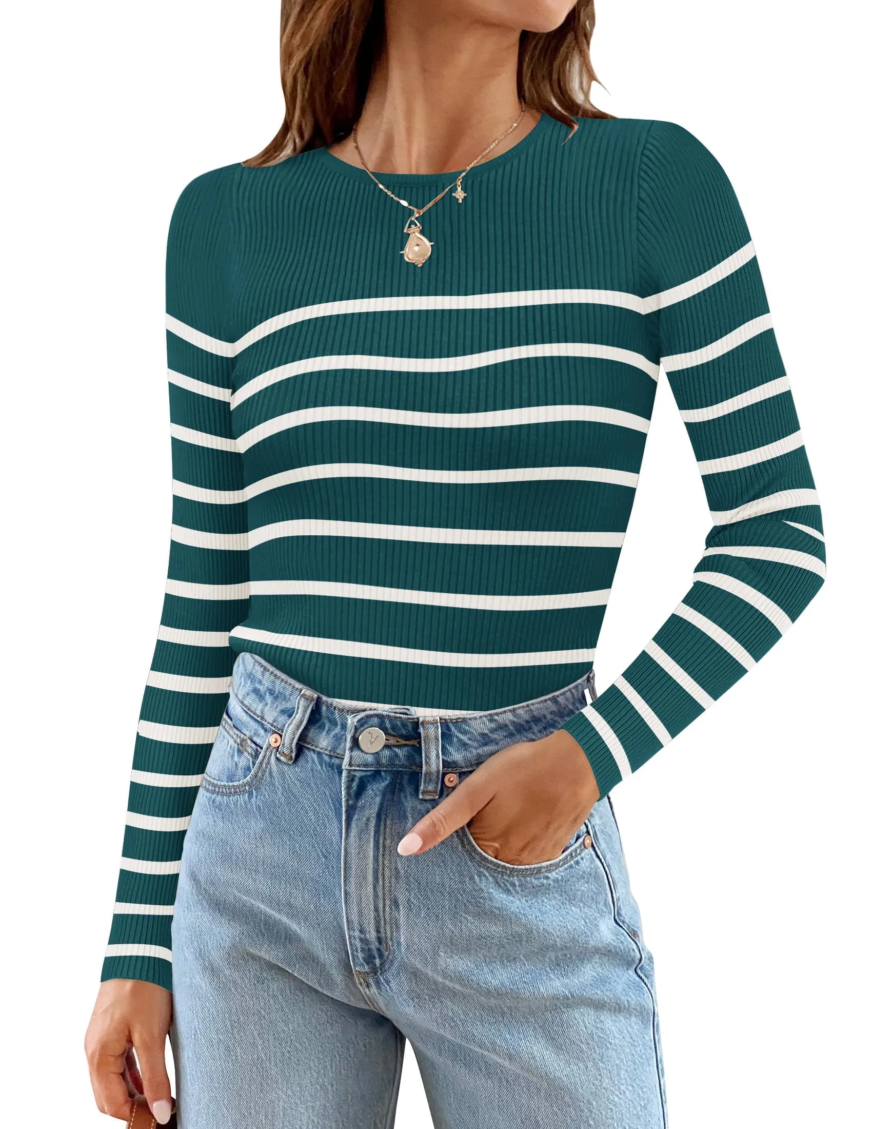 ZESICA Long Sleeve Crewneck Striped Ribbed Knit Top