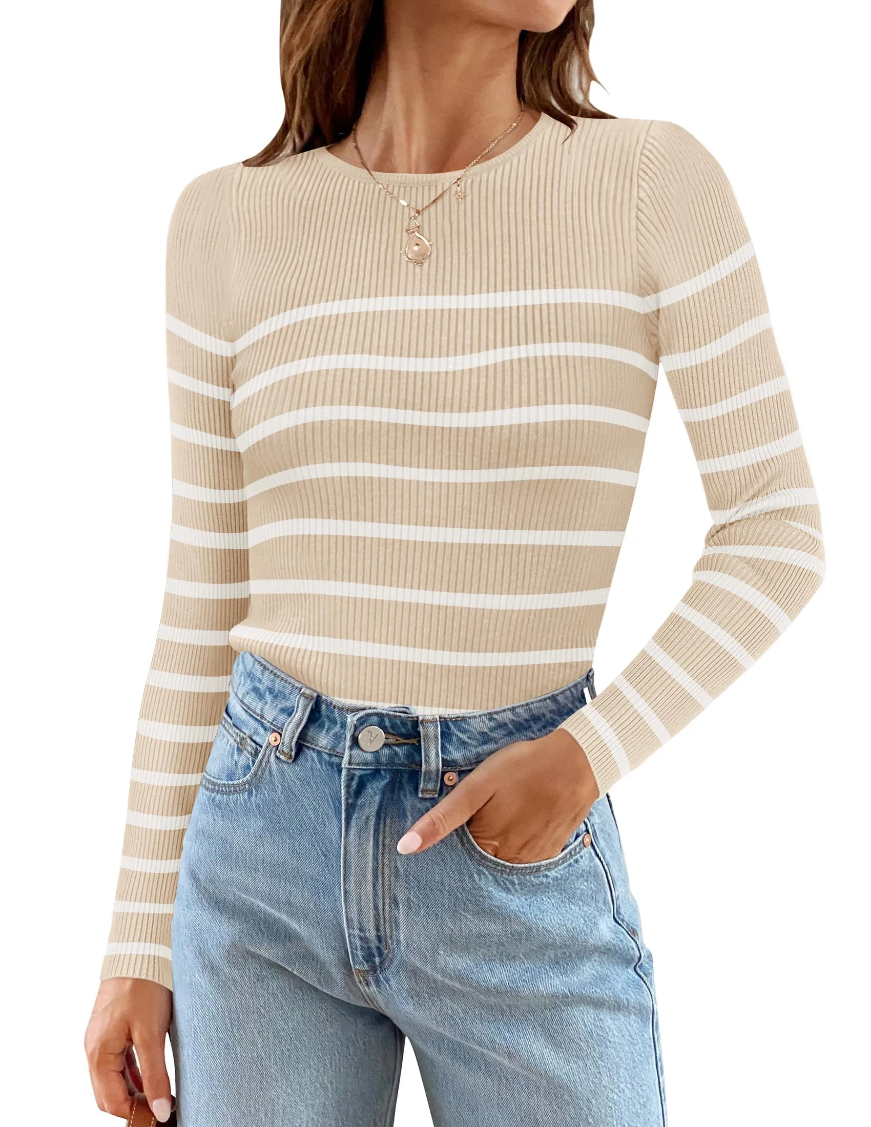 ZESICA Long Sleeve Crewneck Striped Ribbed Knit Top