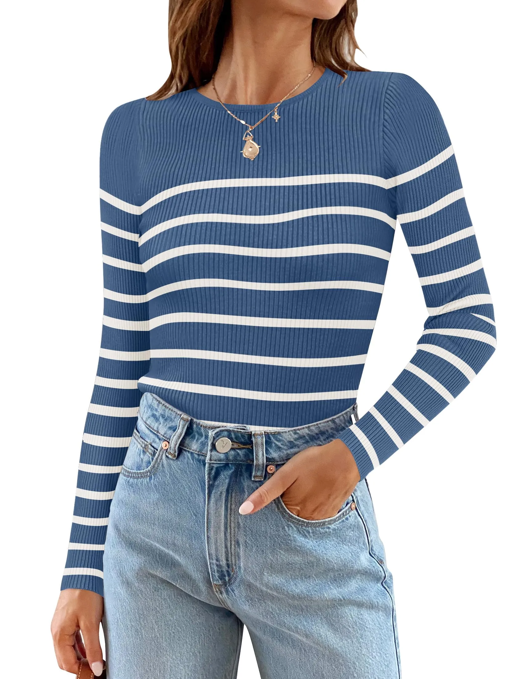 ZESICA Long Sleeve Crewneck Striped Ribbed Knit Top