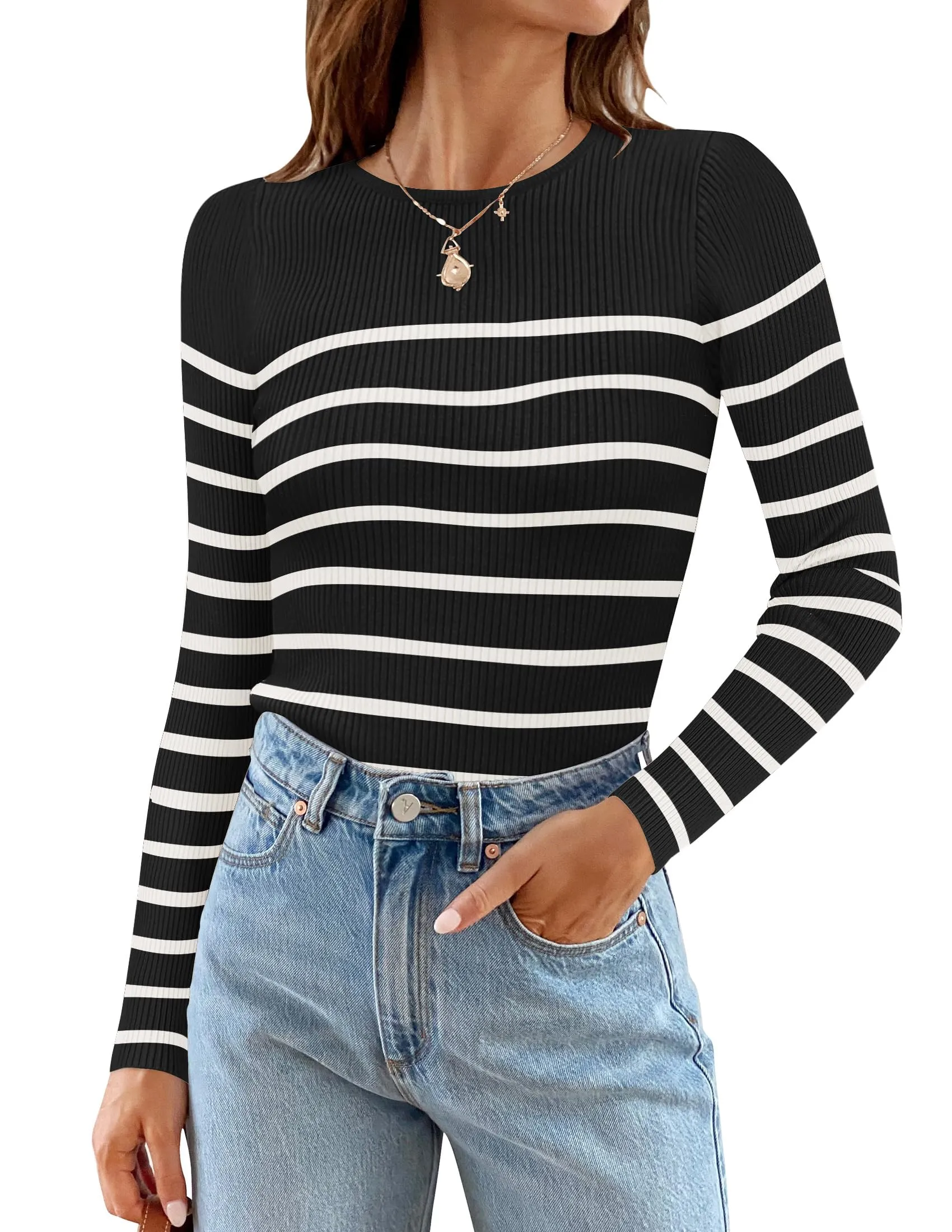 ZESICA Long Sleeve Crewneck Striped Ribbed Knit Top